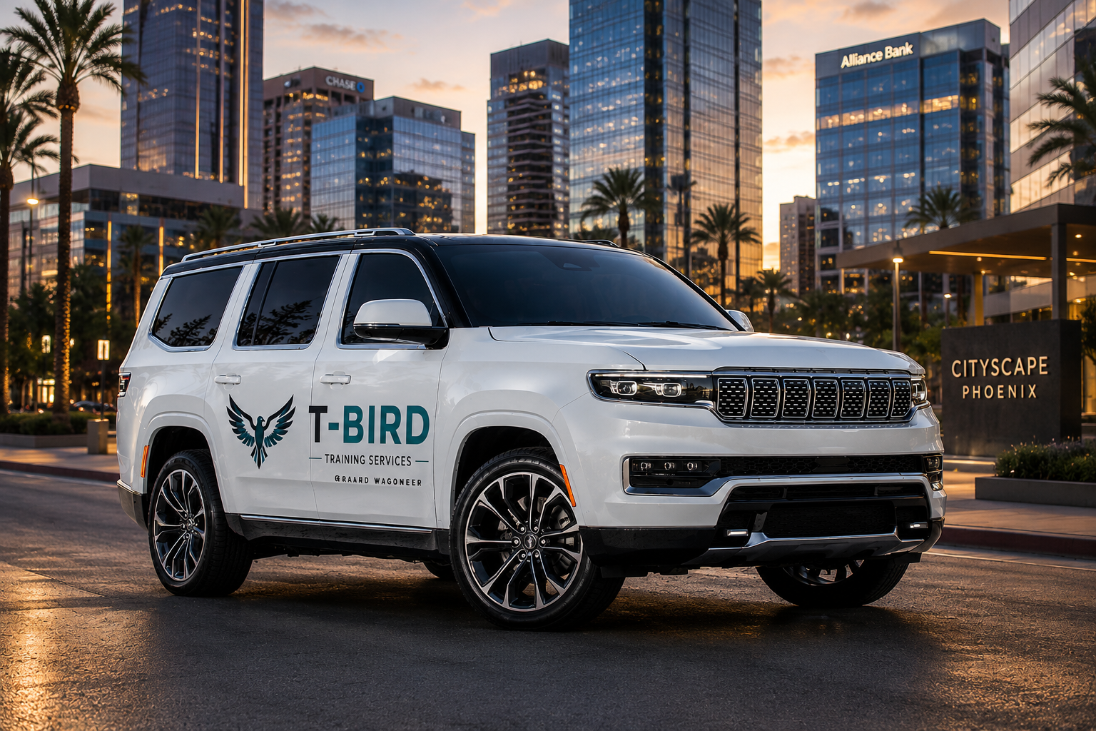 T-Bird Training Services branded Infiniti mobile training SUV in Arizona desert landscape for mobile CPR, BLS, ACLS, PALS and healthcare certification training.