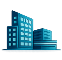 Corporate office icon representing business teams, enterprise operations and workforce certification programs.