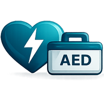 CPR and AED training icon representing emergency response certification and workplace readiness programs.