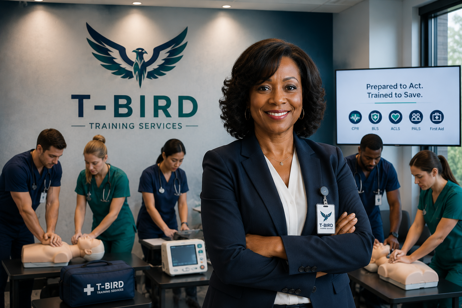Executive Black woman healthcare leader standing in a T-Bird Training Services clinical training classroom with healthcare professionals participating in CPR and certification instruction.