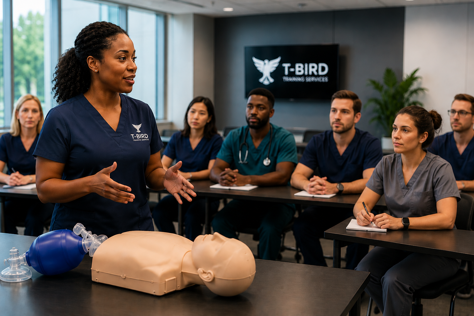 Healthcare instructor leading a CPR and life support certification training session with medical professionals in a classroom environment.