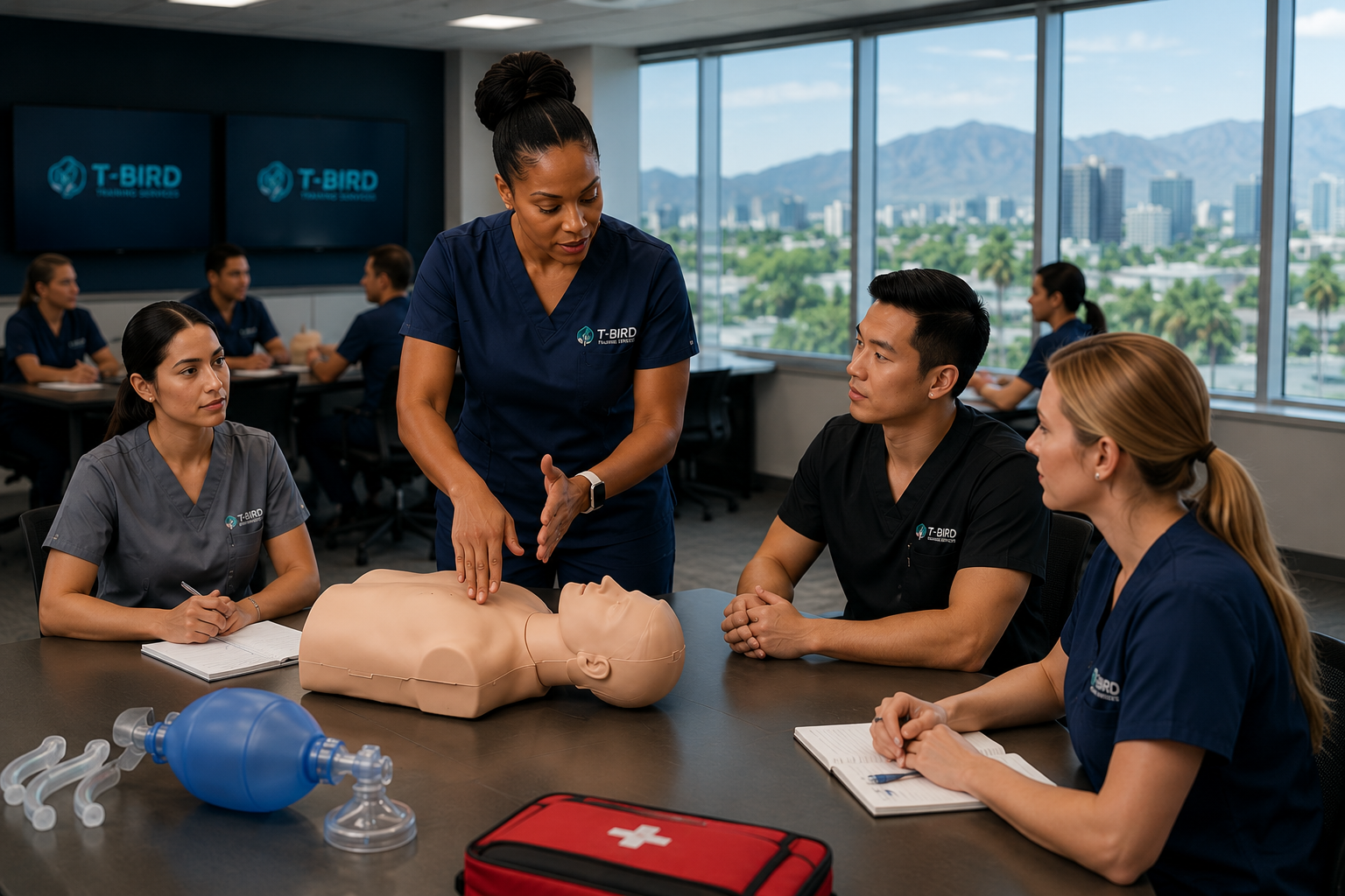 Healthcare Certification Instructor Leading Professional Training Session Black female healthcare instructor demonstrating CPR and life support training techniques to medical professionals in a modern classroom environment.