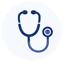 Stethoscope icon representing healthcare office certification training and clinical team instruction.