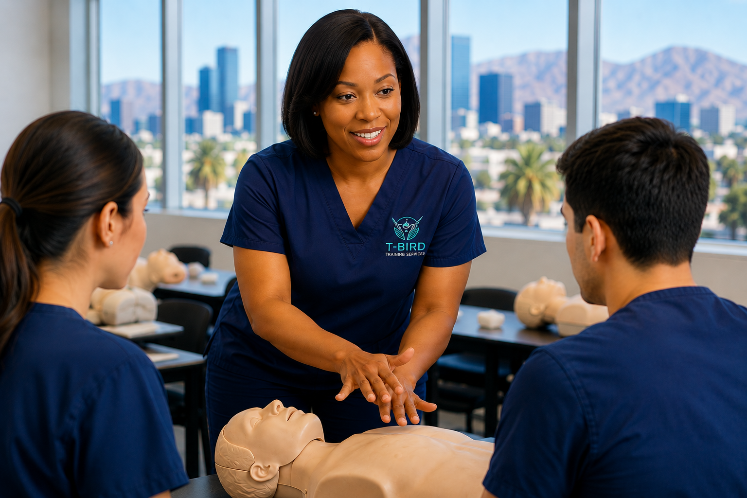 Medical Certification Instructor Leading Professional Healthcare Training Black female medical instructor leading CPR and healthcare certification training for healthcare professionals in a modern Phoenix training classroom.