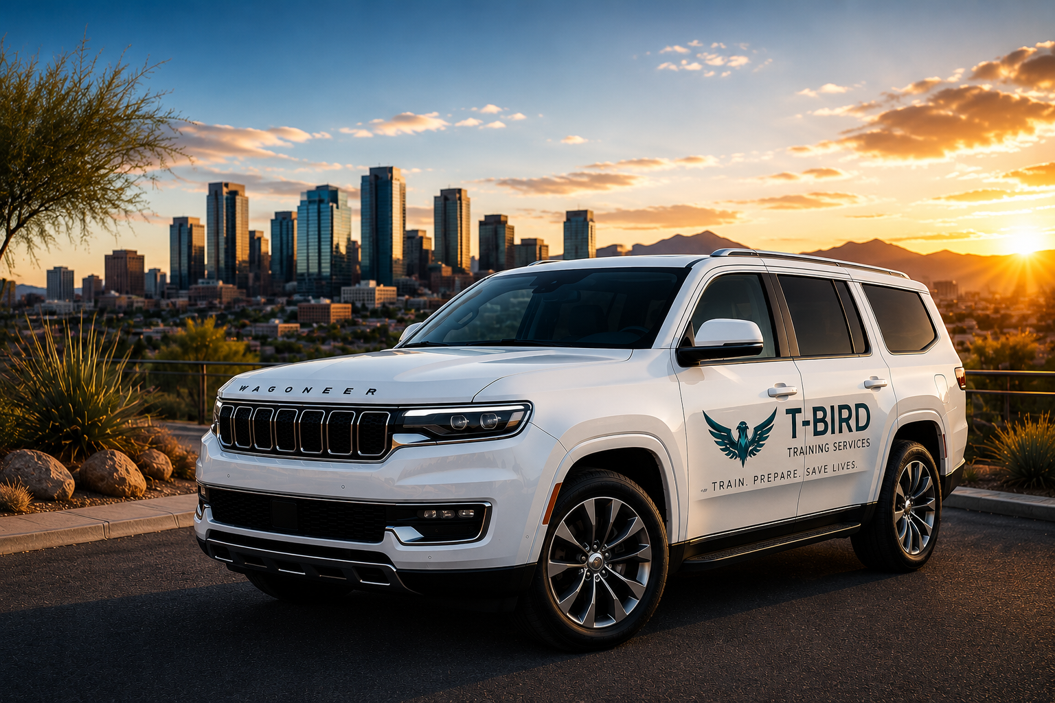 White T-Bird Training Services Wagoneer mobile training SUV with T-Bird logo overlooking the Phoenix skyline at sunset.