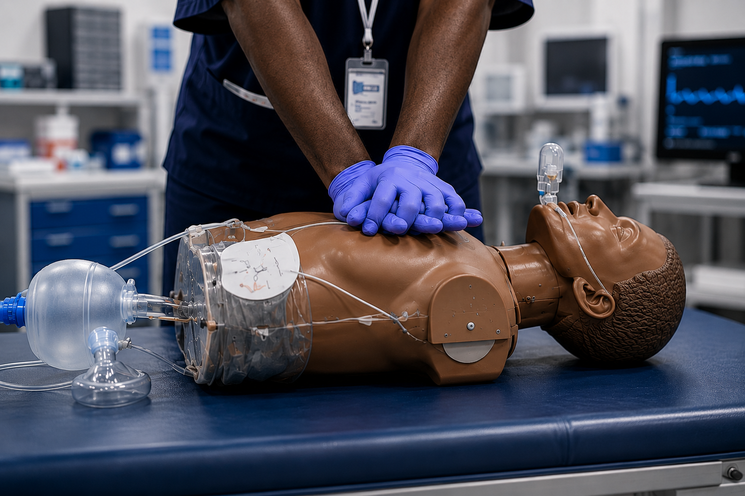 Basic Life Support CPR training with adult manikin