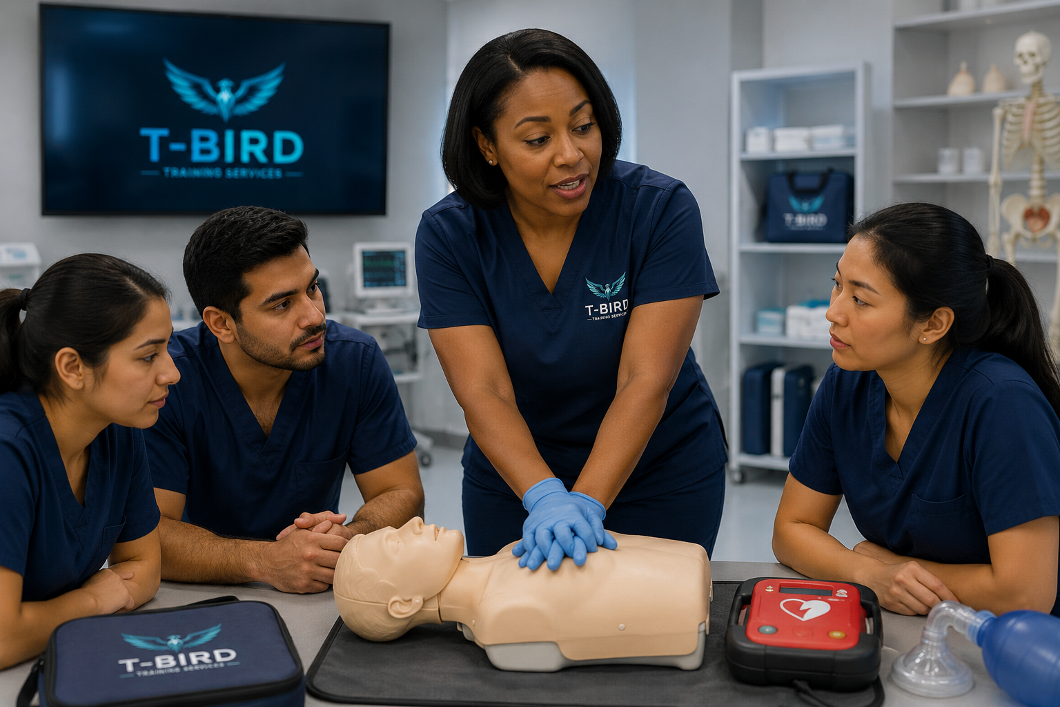 Healthcare Professional Training Icons | T-Bird Training Services Six glossy blue healthcare icons representing physicians, nurses, EMTs, hospital staff, dental professionals, and medical and nursing students for Basic Life Support (BLS) certification training.