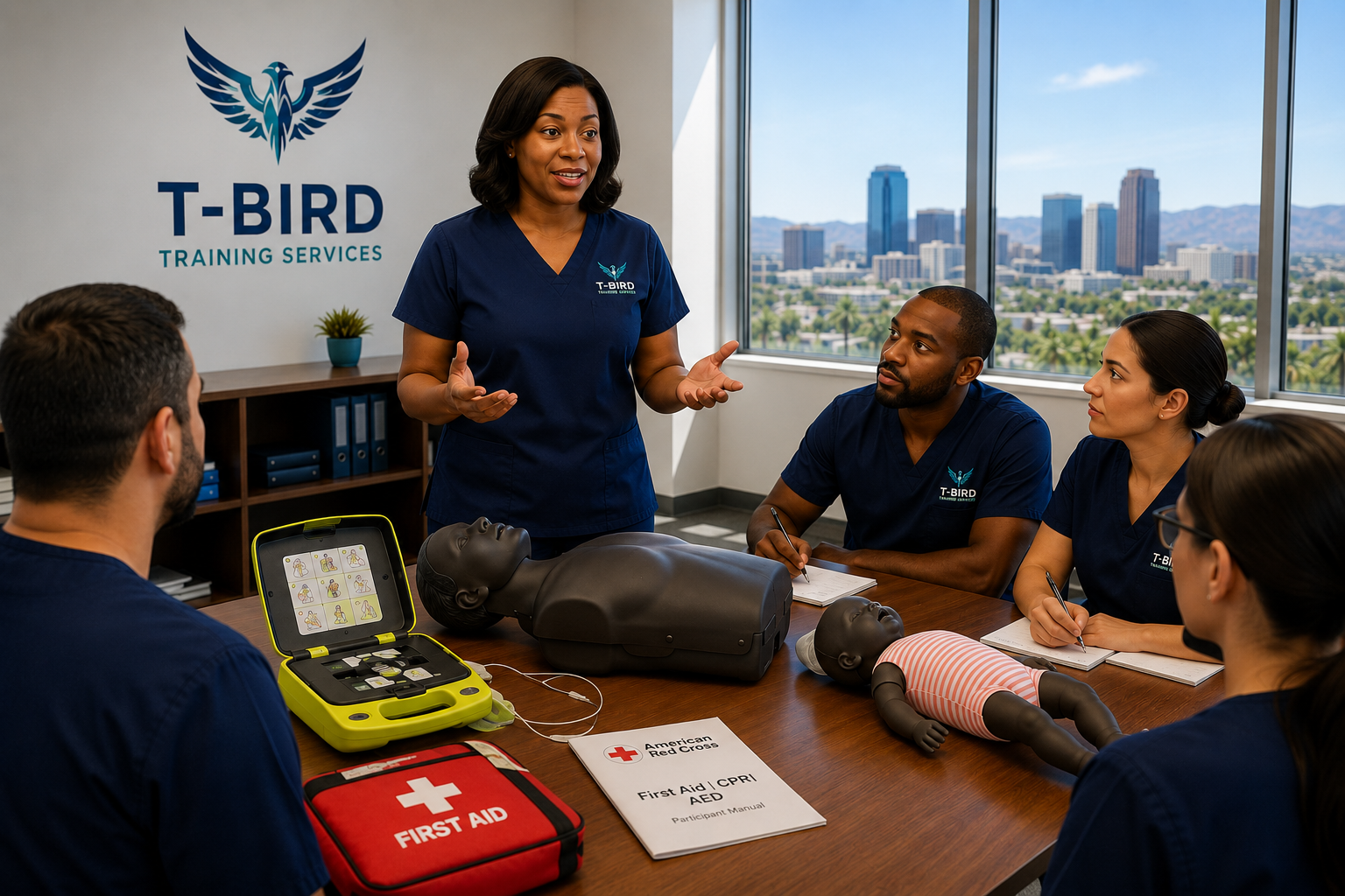 Adult & Infant CPR/AED/First Aid Instructor-Led Training | T-Bird Training Services Black female CPR instructor leading adult and infant CPR, AED, and First Aid instructor-led certification training with Black adult and infant CPR mannequins in a professional Phoenix classroom.