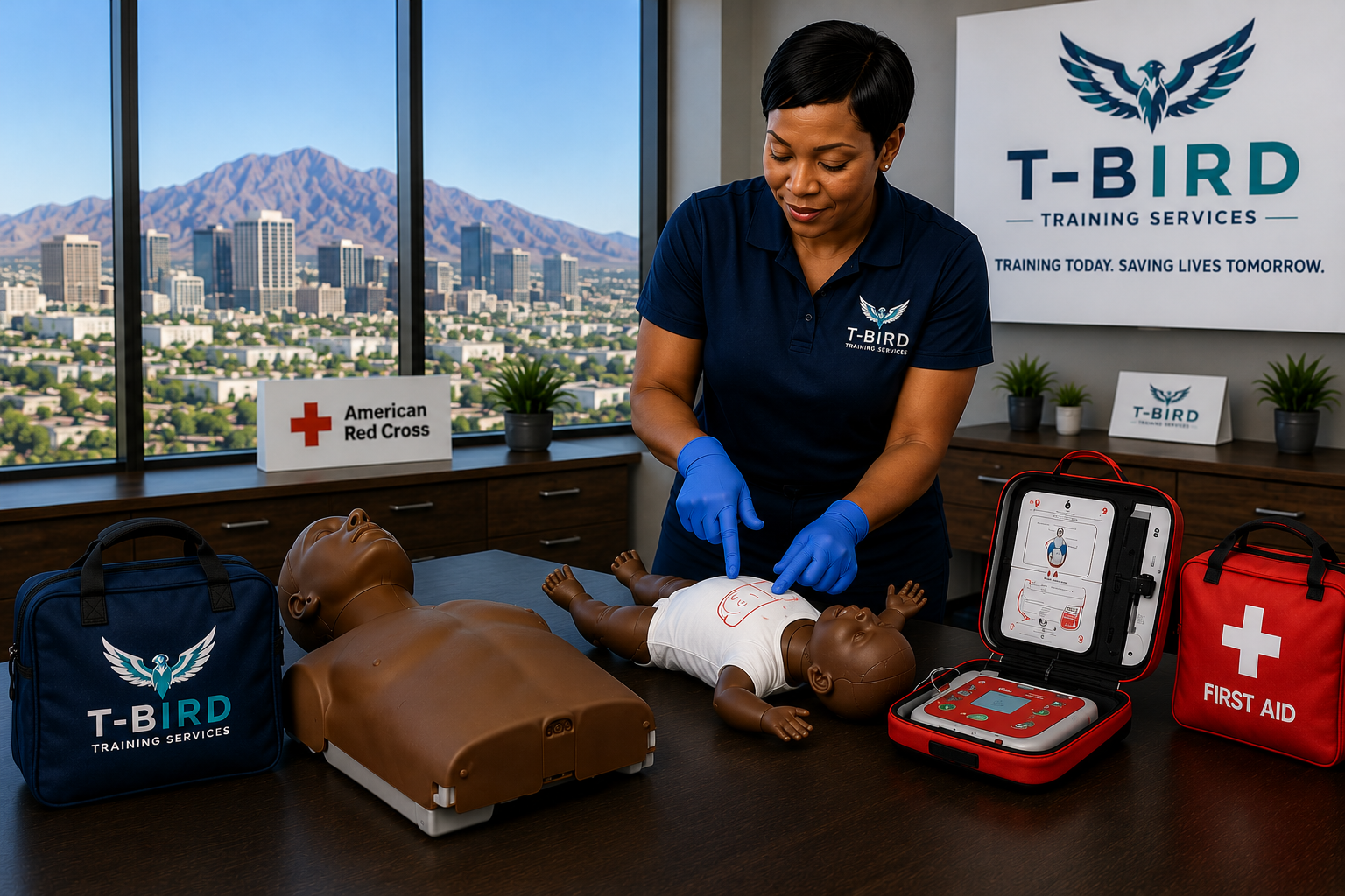 Adult & Infant CPR, AED & First Aid Training | T-Bird Training Services Black female T-Bird Training Services instructor demonstrating infant CPR with adult and infant dark-complexion training manikins, AED trainer, and First Aid equipment during American Red Cross certification training overlooking the Phoenix skyline.