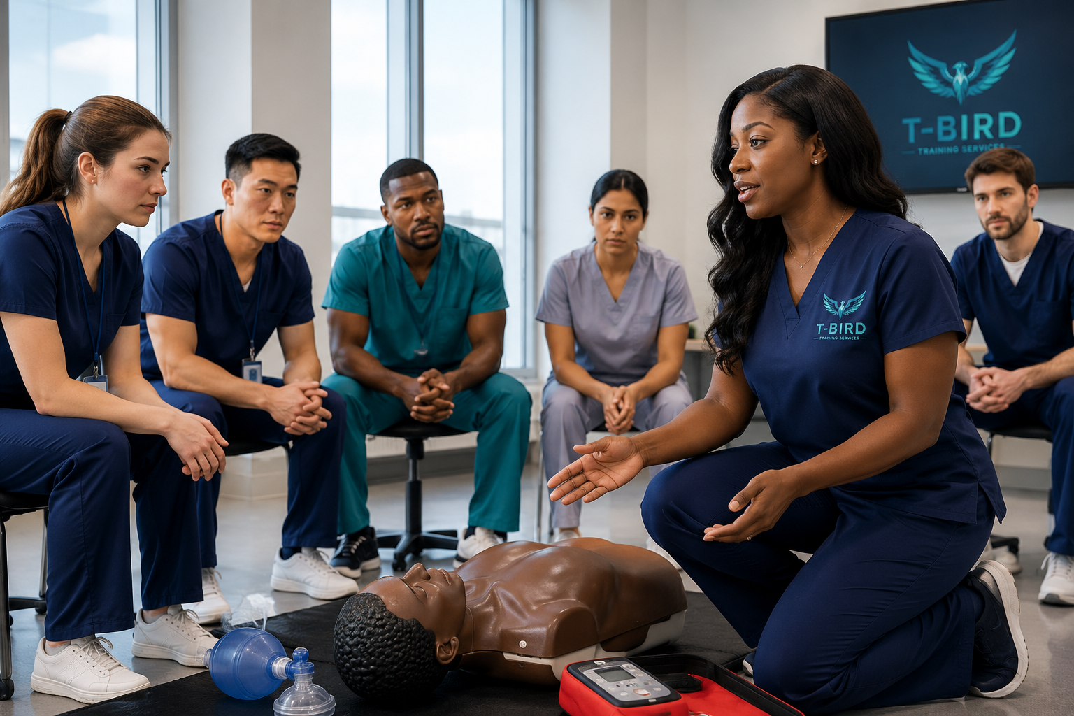 BLS and CPR Certification Training Led by T-Bird Training Services Instructor Black female CPR instructor teaching BLS and CPR certification skills to healthcare professionals using a CPR mannequin during a T-Bird Training Services classroom training session.