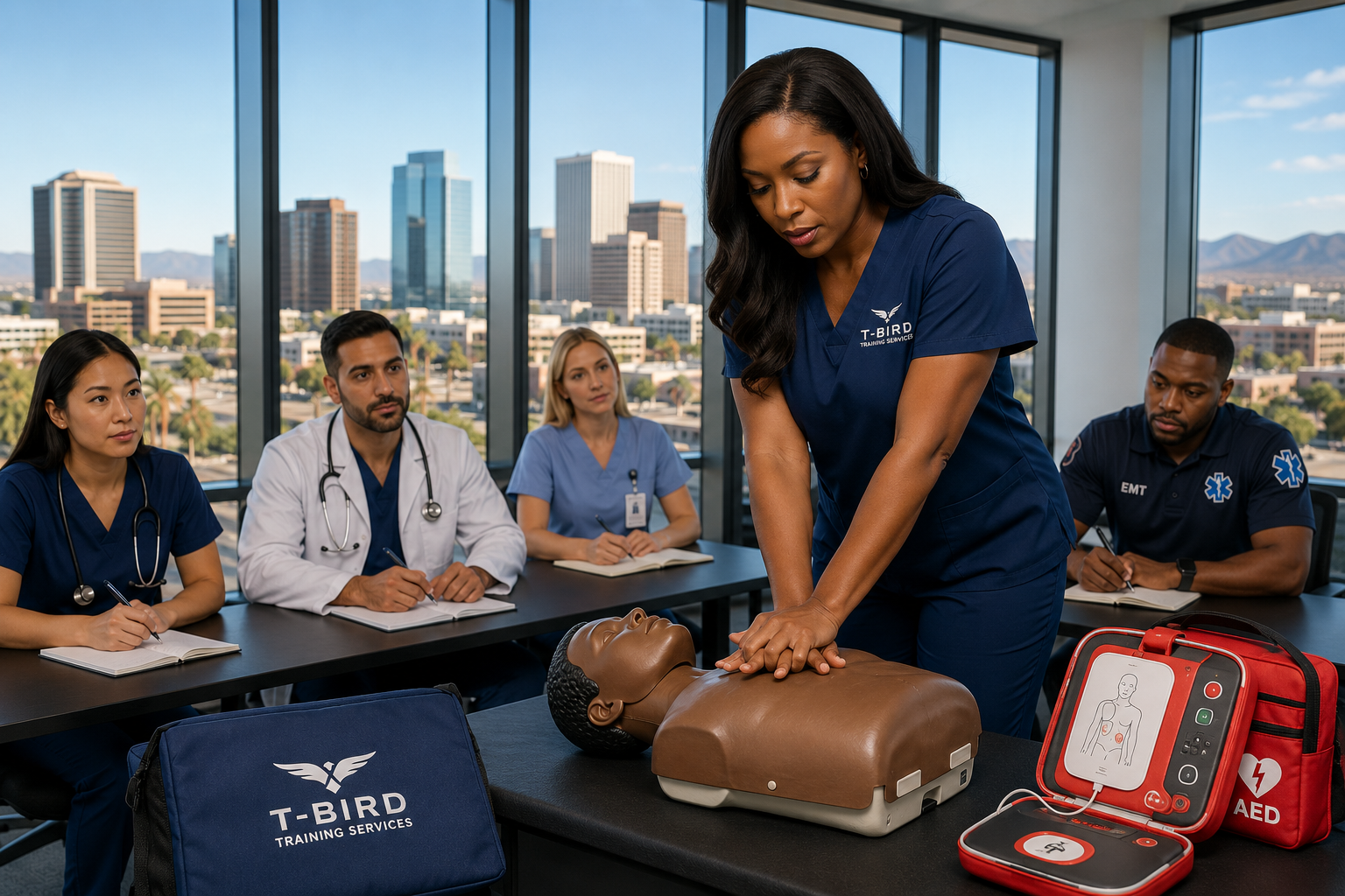 CPR and AED Certification Training for Healthcare Professionals | T-Bird Training Services Black female CPR instructor demonstrating chest compressions on a CPR training mannequin while healthcare professionals attend CPR and AED certification training at T-Bird Training Services.