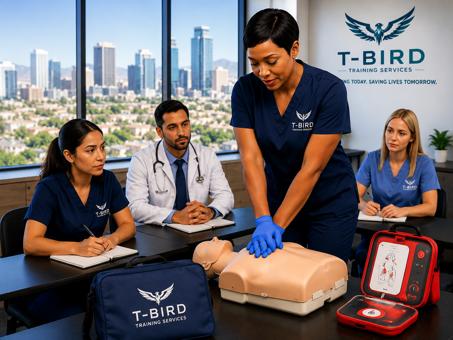 T-Bird Training Services instructor leading CPR and AED training in a professional classroom
