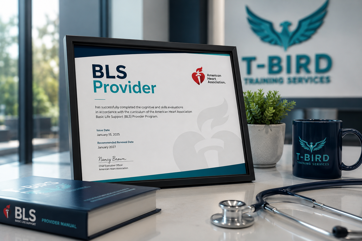 Basic Life Support (BLS) Certification Details | T-Bird Training Services American Red Cross Basic Life Support certification materials with framed provider certificate, BLS training manual, stethoscope, and professional healthcare training environment at T-Bird Training Services.